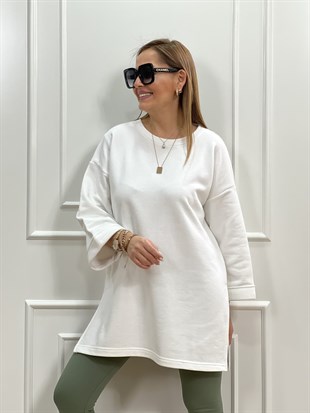 Beyaz Basic Yırtmaçlı Sweatshirt