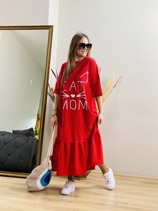 Cat Mom Kırmızı Elbise