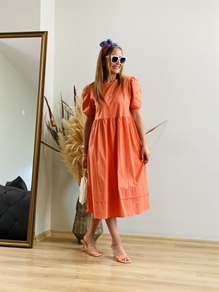 Eteği Kat Katlı Orange Elbise