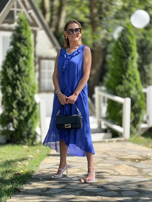 Fırfırlı Kolsuz Mavi Pamuk Oversize Elbise