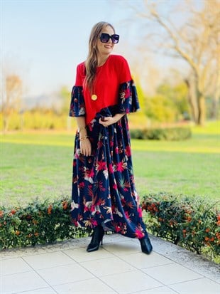 İspanyol Kol Çiçek Desenli Kırmızı Uzun Elbise