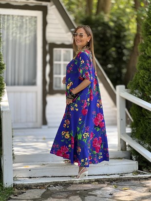 Mor Çiçek Desenli Oversize Maxi Elbise