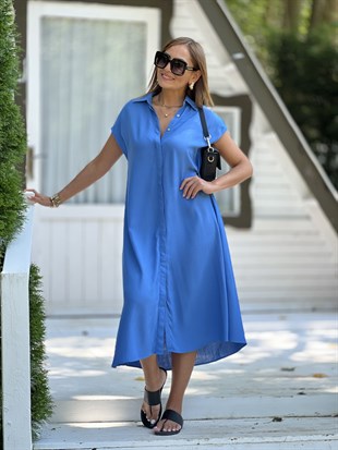 Orijinal Mavi Düşük Kol Gömlek Elbise