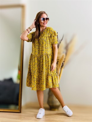 Sarı Çıtır Desenli Volanlı Elbise