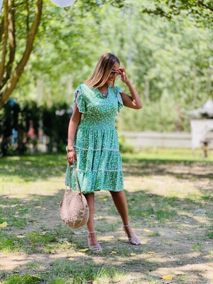 V Yaka Yeşil Gipeli Elbise