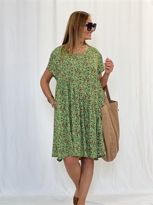 Verev Kesim Yeşil Çıtır Desenli Oversize Elbise