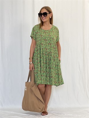 Verev Kesim Yeşil Çıtır Desenli Oversize Elbise