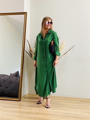 Yeşil Arka Püskül Detay Uzun Gömlek Elbise