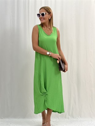 Yeşil Ön Büzgü Kolsuz Elbise